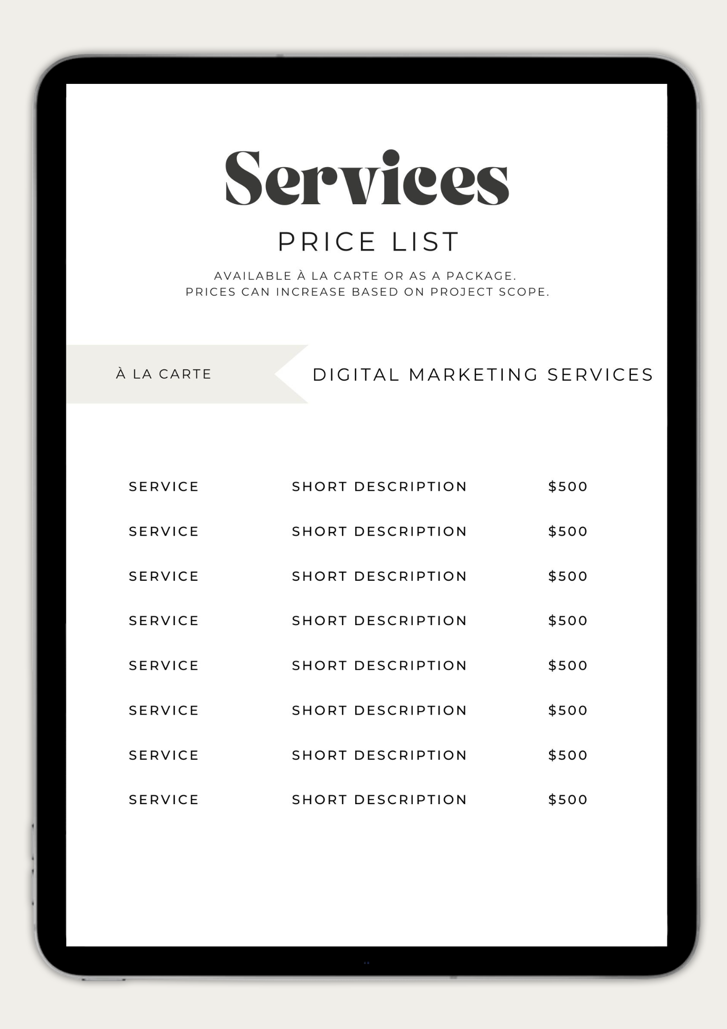PRICE LIST TEMPLATE